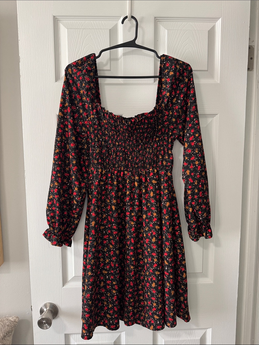 Gilli Black Smocked Square-Neck Mini Dress with Red & Orange Floral Print